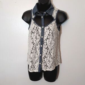 One Clothing lace and denim button up tank